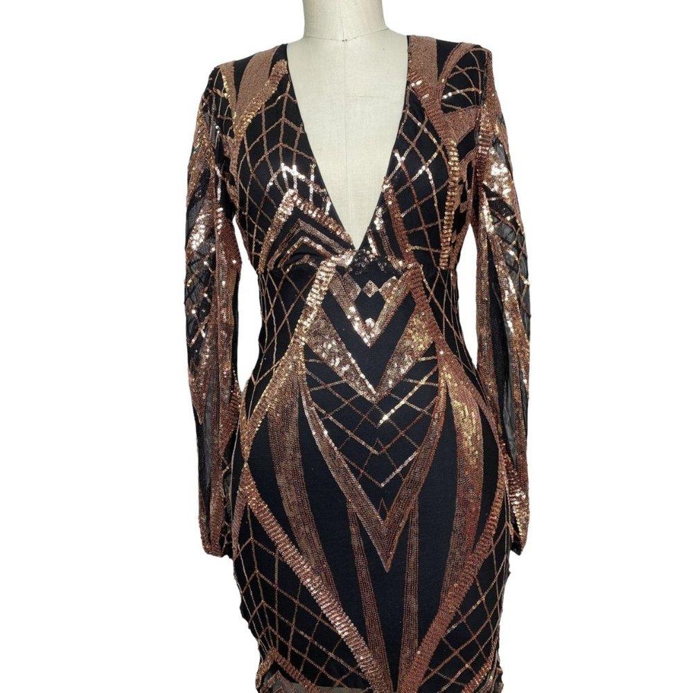 Banjul Dance The Night Away Sequin Long Sleeve Mini Dress Black Gold Size Large